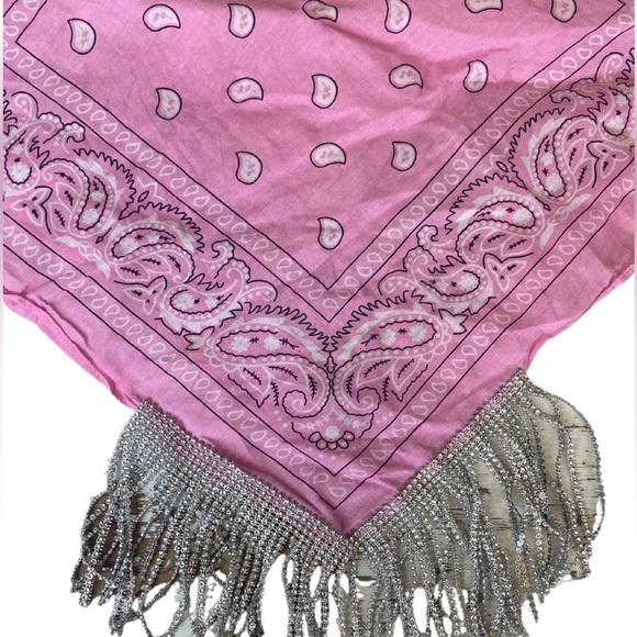 Fringed Rhinestone Decorative Pink Bandana - Picture 10 of 10